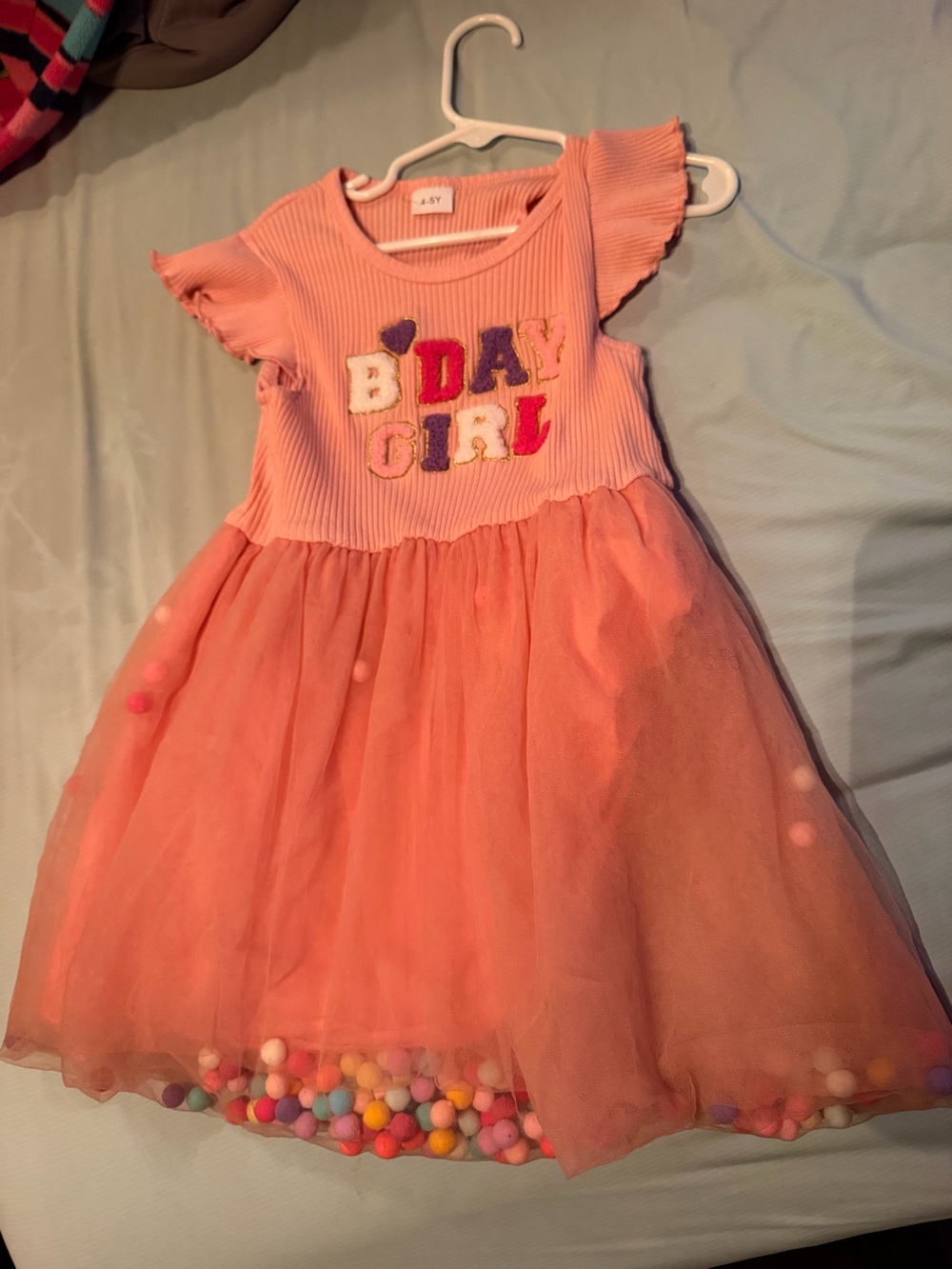 Girls' Pink Coral Tulle Party Dress with Pom Detail